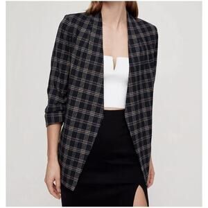 Aritzia Babaton Macauley Navy Plaid Cinched 3/4 Sleeve Blazer Size 2